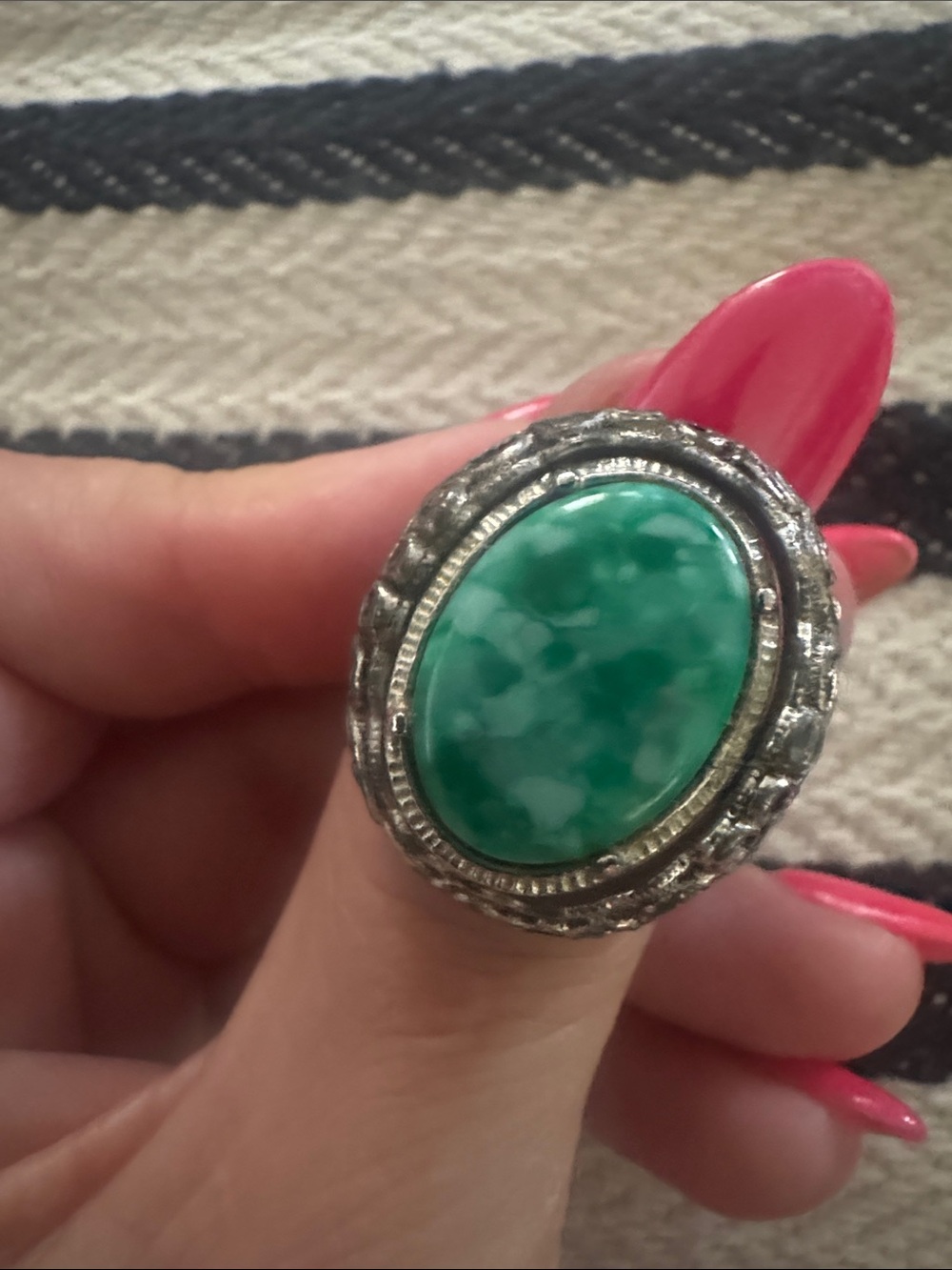 Oval Green Stone Silver-Tone Statement Ring - Women Jewelry